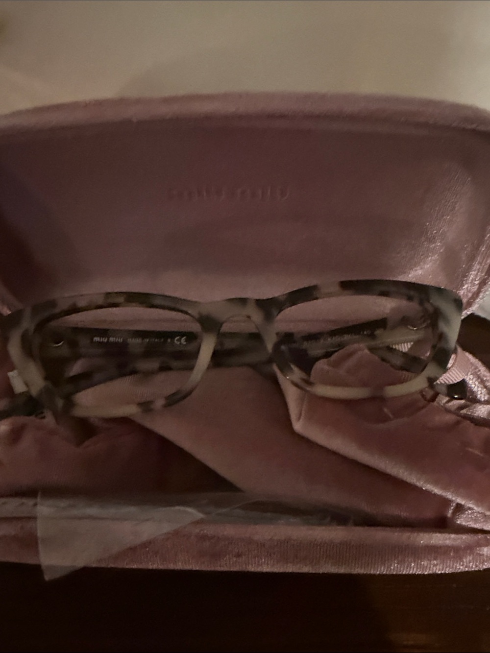 Miu Miu Women's Tortoiseshell Acetate Glasses in Beige and Gray without lenses